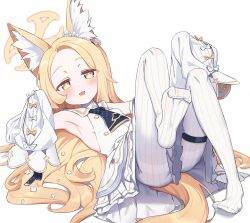 Rule 34 | 1girl, animal ear fluff, animal ears, armpits, blonde hair, blue archive, blush, commentary request, cruciform halo, detached sleeves, dress, forehead, fox ears, frilled dress, frills, full body, hair ornament, halo, highres, leg up, long hair, looking at viewer, lying, on back, open mouth, pantyhose, seia (blue archive), simple background, sleeveless, sleeveless dress, sleeves past fingers, sleeves past wrists, solo, striped clothes, striped pantyhose, thigh strap, vertical-striped clothes, vertical-striped pantyhose, very long hair, wagashi928, white background, white dress, white pantyhose, yellow eyes, yellow halo