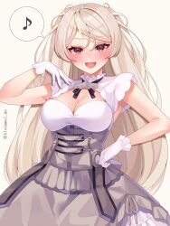 Rule 34 | 1girl, armpit cutout, blush, breasts, brown eyes, cleavage, cleavage cutout, clothing cutout, conte di cavour (kancolle), conte di cavour nuovo (kancolle), corset, dress, frilled dress, frills, gloves, grey dress, grey hair, highres, kantai collection, kozu (bloomme1 me), large breasts, layered dress, long hair, open mouth, simple background, solo, two-tone dress, two side up, white dress, white gloves
