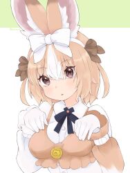 Rule 34 | 1girl, :o, absurdres, animal ears, blue bow, blue bowtie, blush, bow, bowtie, brown bow, brown dress, brown vest, collared shirt, cthun n, domestic rabbit (kemono friends), dress, frilled sleeves, frills, gloves, hair between eyes, hair bow, highres, kemono friends, light brown hair, long sleeves, multicolored hair, puffy sleeves, purple eyes, rabbit ears, rabbit girl, shirt, sidelocks, solo, two-tone dress, two-tone hair, upper body, vest, white bow, white dress, white gloves, white hair