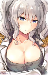 Rule 34 | 10s, 1girl, areola slip, blazer, blue eyes, breast hold, breast lift, breasts, cleavage, collarbone, commentary request, covered erect nipples, crossed arms, epaulettes, female focus, frilled sleeves, frills, gloves, jacket, kanden sky, kantai collection, kashima (kancolle), large breasts, long hair, long sleeves, looking at viewer, military, military uniform, open clothes, open jacket, open shirt, shirt, sidelocks, silver hair, smile, solo, tsurime, twintails, uniform, upper body, wavy hair, white gloves