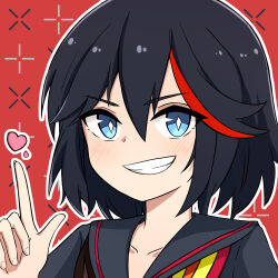 Rule 34 | 1girl, black hair, black sailor collar, black shirt, blue eyes, blush, collarbone, commentary request, grin, hair between eyes, hand up, heart, highres, index finger raised, kill la kill, looking at viewer, matoi ryuuko, multicolored hair, outline, red background, red hair, rock zinc, sailor collar, shirt, smile, solo, streaked hair, upper body, white outline