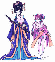 Rule 34 | 2girls, absurdres, blue kimono, breasts, cleavage, commission, gloves, hair ornament, hair stick, highres, holding, holding sword, holding weapon, japanese clothes, katana, kimono, large breasts, long hair, makeup, mole, mole on breast, multicolored hair, multiple girls, original, pink kimono, socks, sword, vewuinsky, weapon, white background, white socks
