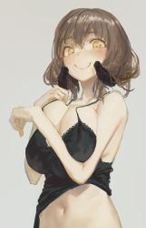 Rule 34 | 1girl, black camisole, blush, breasts squeezed together, breasts, brown hair, camisole, closed mouth, cowboy shot, curled horns, grey background, hands up, highres, horns, large breasts, looking at viewer, midriff, navel, noccu, original, short hair, simple background, smile, solo, yellow eyes