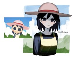 Rule 34 | 1girl, 26 (tsuro), andou natsumi, arms at sides, black eyes, black hair, black shirt, blue sky, blush, closed mouth, cloud, cloudy sky, collarbone, commentary, cropped torso, day, dress, empty eyes, hat, head tilt, highres, long sleeves, looking at viewer, medium hair, mountainous horizon, multiple views, natsumi step!, outside border, pale skin, photo-referenced, pinafore dress, reference inset, shirt, sky, sleeveless, sleeveless dress, smile, straw hat, sun hat, yellow dress