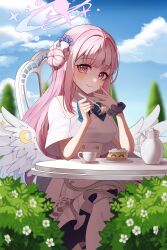 Rule 34 | 1girl, absurdres, blue archive, hair bun, highres, long hair, looking at viewer, mika (blue archive), outdoors, pink hair, sitting, solo, wings, yellow eyes, yurang