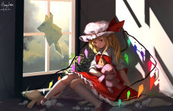 Rule 34 | 1girl, ascot, blonde hair, broken, broken glass, broken window, collared shirt, crack, cracked wall, dated, flandre scarlet, frilled skirt, frills, furahata gen, glass, glowing, half-closed eyes, hat, highres, holding, holding stuffed toy, holding toy, indoors, kneehighs, knees together feet apart, looking down, medium hair, mob cap, one side up, plant, pointy ears, puffy short sleeves, puffy sleeves, red eyes, red skirt, red vest, shirt, short sleeves, sidelocks, signature, sitting, skirt, socks, solo, stuffed animal, stuffed rabbit, stuffed toy, stuffing, sunlight, teddy bear, torn, touhou, toy, vest, white shirt, white socks, wings, yellow ascot