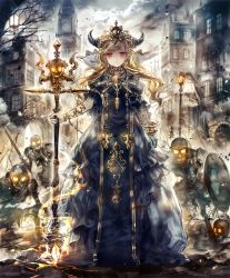 Rule 34 | 10s, 1girl, armor, army, artist request, blonde hair, bracelet, city, clock, clock tower, collar, crack, cracked floor, crown, cygames, dress, glowing, glowing eyes, gold trim, horns, house, jewelry, lamppost, light smile, necropolis queen, official art, puffy sleeves, red eyes, shadowverse, shield, shingeki no bahamut, skeleton, skull, staff, sword, tower, tree, weapon