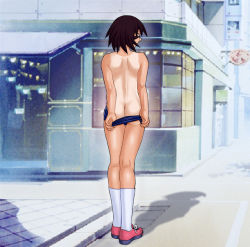 Rule 34 | 1girl, artist request, ass, azumanga daiou, back, bar (place), black hair, blue one-piece swimsuit, brown hair, butt crack, clothes pull, day, exhibitionism, from behind, full body, kagura (azumanga daioh), legs together, looking at viewer, looking back, nude, one-piece swimsuit, one-piece swimsuit pull, one-piece tan, outdoors, public indecency, pulling own clothes, road, shadow, shoes, short hair, socks, solo, street, swimsuit, tan, tanline, toned, undressing, vanishing point, white socks