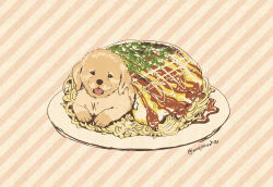 Rule 34 | animal focus, dog, food, food focus, mayonnaise, mojacookie, no humans, noodles, sauce, signature, striped, striped background, twitter username