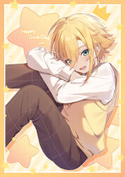Rule 34 | 1boy, blonde hair, commentary, crossed arms, crown, dated, dated commentary, green eyes, happy birthday, highres, long sleeves, looking at viewer, male focus, nijisanji, nono chitose, open mouth, pants, school uniform, short hair, smile, solo, star (symbol), sweater vest, uzuki kou, uzuki kou (3rd costume), virtual youtuber