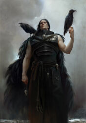 Rule 34 | 1boy, absurdres, animal, animal on shoulder, animal skull, armor, bare arms, belt, bird, bird on hand, bird on shoulder, black armor, black eyes, black hair, black robe, black sclera, caw, cloud, cloudy sky, colored sclera, commentary, corvus corax (warhammer), crow, english commentary, falconry hood, feather cape, from below, highres, holding, holding jewelry, holding necklace, jewelry, long hair, male focus, muscular, muscular male, necklace, official art, oruam, outdoors, photoshop (medium), power armor, primarch, raven guard, robe, sky, solid eyes, solo focus, warhammer 40k