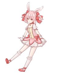 Rule 34 | 1girl, :3, animal ears, ankle strap, arms at sides, bobby socks, bow, bubble skirt, buttons, center frills, choker, closed mouth, contrapposto, cross-laced footwear, fake animal ears, flat chest, frilled skirt, frilled sleeves, frilled socks, frills, full body, gloves, haboshi, hair ribbon, highres, kaname madoka, light smile, mahou shoujo madoka magica, mahou shoujo madoka magica (anime), no nose, pink eyes, pink hair, puffy short sleeves, puffy sleeves, rabbit ears, red bow, red footwear, red ribbon, ribbon, ribbon choker, shoes, short sleeves, simple background, skirt, socks, solo, soul gem, tareme, twintails, waist bow, white background, white gloves, white skirt, white socks