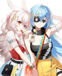 Rule 34 | 2girls, animal ears, armlet, blue eyes, blue hair, bracelet, breasts, buckle, carrot charm, cleavage, eyepatch, fingernails, hair ornament, heart, heart-shaped buckle, heart hair ornament, highres, holding, holding pen, jewelry, long hair, looking at viewer, medium breasts, multiple girls, original, pen, rabbit ears, rabbit hair ornament, red eyes, ribbed shirt, shirt, smile, thigh strap, very long hair, white background, white shirt, xing (gloryxing)