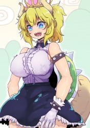 Rule 34 | 1girl, armlet, bare shoulders, blonde hair, blue eyes, blue skirt, blush, bowsette, bracelet, breasts, collar, cool-kyou shinja, gloves, high ponytail, highres, horns, jewelry, large breasts, long hair, mario (series), new super mario bros. u deluxe, nintendo, open mouth, sharp teeth, shirt, skirt, smile, solo, spiked armlet, spiked bracelet, spiked collar, spikes, super crown, teeth, white gloves, white shirt