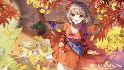 Rule 34 | 1girl, :d, apple caramel, autumn leaves, blurry, blurry foreground, breasts, brown eyes, brown hair, commentary request, cup, dango, day, depth of field, feet out of frame, food, ginkgo leaf, green tea, highres, japanese clothes, kimono, kneehighs, leaf, long hair, long sleeves, looking at viewer, looking up, maple leaf, medium breasts, open mouth, original, outdoors, red kimono, sitting, sleeves past wrists, smile, socks, solo, tea, teapot, wagashi, white socks