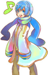 Rule 34 | 1boy, bad id, bad pixiv id, blue eyes, blue hair, blue scarf, kaito (vocaloid), male focus, matching hair/eyes, music, musical note, scarf, short hair, simple background, singing, solo, tomoya, tomoya (artist), vocaloid, white background