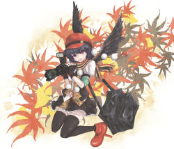 Rule 34 | 1girl, :q, armband, bag, black hair, black thighhighs, black wings, brown eyes, camera, female focus, fingerless gloves, floral background, flower, geta, gloves, hat, holding, lace, leaf, looking at viewer, maple leaf, mumulatte, patterned, pom pom (clothes), scarf, shameimaru aya, shirt, short hair, shoulder bag, skirt, smile, solo, thighhighs, tongue, tongue out, touhou, wings