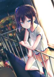 Rule 34 | 1girl, balcony, black hair, blue eyes, blue scrunchie, blurry, blurry background, cityscape, closed mouth, commentary request, depth of field, goldowl, green footwear, hair between eyes, hair ornament, hair scrunchie, highres, looking at viewer, night, original, outdoors, plant, pleated skirt, potted plant, railing, scrunchie, shirt, short sleeves, side ponytail, skirt, slippers, solo, standing, standing on one leg, white shirt, window, yellow skirt