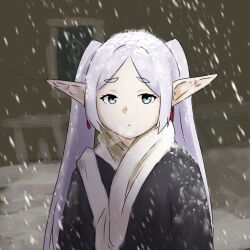 Rule 34 | 1girl, alternate costume, black coat, blue eyes, closed mouth, coat, commentary, dot mouth, earrings, elf, english commentary, frieren, highres, husbant (meme), jewelry, long hair, looking at viewer, meme, outdoors, parted bangs, pointy ears, scarf, snow, snow on body, snow on head, snowing, solo, sousou no frieren, the freakin yui, twintails, upper body, white hair, white scarf, winter
