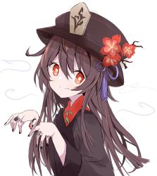 Rule 34 | 1girl, black nails, brown coat, brown hair, brown hat, closed mouth, coat, collared shirt, commentary, core (mayomayo), fang, flower, flower-shaped pupils, genshin impact, ghost pose, hair between eyes, hat, hat flower, hat ornament, highres, hu tao (genshin impact), jewelry, long hair, long sleeves, looking at viewer, multiple rings, nail polish, plum blossoms, porkpie hat, red eyes, red shirt, ring, shirt, simple background, solo, split mouth, symbol-shaped pupils, tassel, upper body, white background