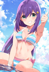 Rule 34 | 1girl, ahoge, arm support, armpits, bare shoulders, bikini, blue bikini, blue sky, blush, breasts, cleavage, cloud, collarbone, day, dot nose, dutch angle, front-tie bikini top, front-tie top, glint, green eyes, grin, hair between eyes, hair ornament, hand up, highres, idolmaster, idolmaster million live!, idolmaster million live! theater days, jewelry, long hair, looking at viewer, mochizuki anna, navel, necklace, outdoors, purple hair, side-tie bikini bottom, sitting, sky, small breasts, smile, solo, sparkle, star (symbol), star hair ornament, striped bikini, striped clothes, swimsuit, tetsujin momoko, thumbs up, wariza, water, wet