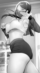 Rule 34 | 1girl, absurdres, blush, breasts, commentary request, covered mouth, gentsuki, hands up, highres, indoors, large breasts, long hair, long sleeves, looking at viewer, mask, monochrome, mouth mask, original, solo, thighs