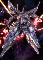 Rule 34 | beam saber, explosion, extra arms, glowing, glowing eye, gundam, highres, holding, holding sword, holding weapon, mecha, mecha focus, mobile suit, no humans, purple eyes, robot, science fiction, sd gundam, sd gundam g-generation, solo focus, space, sword, titania (mobile suit), weapon, zb (dawn-blue), zeta gundam, zeta gundam (mobile suit)
