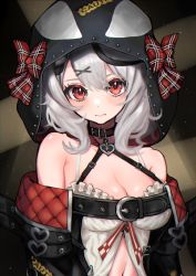 Rule 34 | 1girl, absurdres, bare shoulders, belt collar, black coat, blush, bow, breasts, chung1000, cleavage, closed mouth, coat, collar, commentary, grey hair, hair ornament, hairclip, hat, hat bow, highres, hololive, hood, hood up, looking at viewer, medium breasts, medium hair, off-shoulder coat, off shoulder, plaid, plaid bow, red bow, red eyes, sakamata chloe, solo, upper body, virtual youtuber, x hair ornament