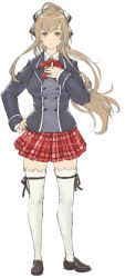 Rule 34 | 1girl, ahoge, amagi brilliant park, black ribbon, blush, brown eyes, brown footwear, buttons, collared shirt, double-breasted, full body, grey jacket, hair ribbon, hand on own hip, hand on own chest, iwauchi tomoki, jacket, light blush, light brown hair, loafers, long hair, looking at viewer, neck ribbon, parted lips, pleated skirt, red ribbon, red skirt, ribbon, school uniform, sento isuzu, shirt, shoes, skirt, solo, standing, thighhighs, white shirt, white thighhighs, wing collar, zettai ryouiki