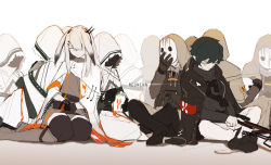Rule 34 | 1boy, 1girl, 6+others, absurdres, ambiguous gender, animal ears, arknights, armband, black gloves, black jacket, black shirt, black thighhighs, coat, cup, ear ornament, ears down, faust (arknights), five-fall, frostnova (arknights), gloves, green hair, grey hair, grey shirt, hair over one eye, highres, holding, holding cup, jacket, long hair, mask, multiple others, open clothes, open jacket, pointy ears, rabbit ears, reunion logo (arknights), scar, scar on face, scar on nose, shirt, short hair, sidelocks, sitting, thighhighs, white coat