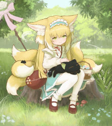 Rule 34 | 1girl, = =, animal ears, arknights, black cat, blonde hair, blue skirt, blush, brown footwear, cat, chack520, day, flower, forest, fox ears, fox girl, fox tail, frilled skirt, frills, full body, grass, green hair, hair down, highres, kitsune, leaf, long hair, luo xiaohei zhanji, multicolored hair, multiple tails, nature, neck ribbon, official alternate costume, outdoors, pantyhose, petting, red ribbon, ribbon, shirt, shoes, sitting, skirt, smile, solo, streaked hair, suzuran (arknights), suzuran (praise spring) (arknights), suzuran (spring praise) (arknights), tail, tree stump, white flower, white hair, white pantyhose, white shirt