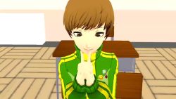 Rule 34 | 1girl, 20s, 3d, animated, atlus, brown eyes, brown hair, chair, classroom, collarbone, desk, face, female focus, green jacket, happy, hypnosis, indoors, interior, interlocked fingers, jacket, jewelry, long hair, long sleeves, looking at viewer, matching hair/eyes, megami tensei, mind control, persona, persona 4, persona 4: dancing all night, persona dancing, preview, satonaka chie, school, self hypnosis, shelf, shin megami tensei, short hair, sitting, sleepy, smile, solo, source filmmaker (medium), trigger, video, vynil, watching