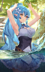 Rule 34 | 1girl, ahoge, armpits, arms up, artist name, bare shoulders, belt, blue bow, blue dress, blue hair, blue ribbon, blush, bow, breasts, brown belt, center frills, cleavage, cleavage cutout, clothing cutout, dress, elf, flower, frilled skirt, frills, hair between eyes, hair flower, hair ornament, heart, heart ahoge, high ponytail, highres, hololive, large breasts, long hair, outdoors, partially submerged, pointy ears, ribbon, rosuuri, sidelocks, skirt, sleeveless, sleeveless dress, solo, splashing, tying hair, very long hair, virtual youtuber, water, wet, yellow eyes, yukihana lamy