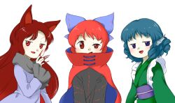 Rule 34 | 3girls, :d, animal ears, blue bow, blue hair, bow, fingernails, fins, grass root youkai network, green kimono, hair bow, head fins, imaizumi kagerou, japanese clothes, kimono, long fingernails, long hair, long sleeves, multiple girls, nail polish, nonamejd, obi, official style, open mouth, purple eyes, purple sash, red eyes, red hair, red nails, sash, sekibanki, sharp fingernails, short hair, simple background, smile, touhou, uneven eyes, wakasagihime, white background, wolf ears, wolf girl, zun (style)