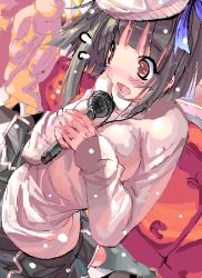 Rule 34 | 1girl, beret, black hair, black skirt, blush, breast press, breasts, brown eyes, brown hair, foreshortening, hat, holding, large breasts, long sleeves, microphone, open mouth, original, ribbon, shiranagi, skirt, solo, surprised, sweater, turtleneck, upper body, wide-eyed