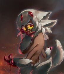 Rule 34 | 1girl, animal ears, blood, body fur, crying, crying with eyes open, dark skin, embers, extra arms, faputa, glowing, glowing eyes, highres, looking at viewer, made in abyss, monster girl, multiple tails, simple background, smoke, tail, tears, yellow eyes, zacarin hobbiton