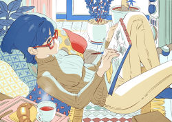 Rule 34 | 1girl, blue eyes, blue hair, breasts, croissant, cup, drawing, food, from side, glasses, highres, lying, medium breasts, on back, original, ribbed sweater, short hair, solo, sweater, teacup, umishima senbon