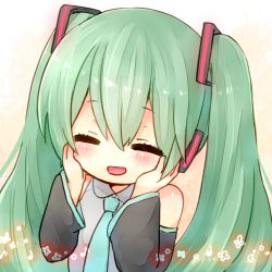 Rule 34 | 1girl, aqua hair, bad id, bad pixiv id, blush, detached sleeves, closed eyes, hair ornament, hands on own cheeks, hands on own face, hatsune miku, long hair, long sleeves, necktie, open mouth, sawatari (sado), shirt, smile, solo, twintails, upper body, vocaloid, wide sleeves