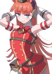 Rule 34 | 1girl, alternate costume, animal ears, arms up, belt, belt bag, blue eyes, breasts, closed mouth, commentary request, cosplay, gloves, gold ship (umamusume), gold ship (umamusume) (cosplay), hat, headphones, highres, horse ears, horse tail, itosu200, long hair, looking at viewer, orange hair, pantyhose, ribbon, silence suzuka (umamusume), simple background, small breasts, solo, sweat, tail, umamusume, white background