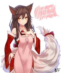 Rule 34 | 1girl, a.t. zero, ahri (league of legends), animal ears, apron, bad id, bad twitter id, breasts, brown hair, candy, chocolate, chocolate heart, cleavage, clothes writing, detached sleeves, facial mark, food, fox ears, fox tail, hand on own hip, happy valentine, haru ato, heart, highres, korean clothes, league of legends, long hair, looking at viewer, orange eyes, ribbon, signature, simple background, small breasts, smile, solo, tail, tail ornament, tail ribbon, valentine, whisker markings, white background