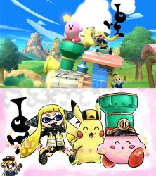 backwards_hat baseball_cap blue_eyes blush_stickers brown_gloves creatures_(company) game_&amp;_watch game_freak gen_1_pokemon gloves hat inkling_girl inkling_player_character kicdon kirby:_star_allies kirby_(series) link mr._game_&amp;_watch nintendo pikachu pokemon pokemon_(creature) reference_inset splatoon_(series) star_(symbol) super_smash_bros. tentacle_hair the_legend_of_zelda the_legend_of_zelda:_spirit_tracks toon_link train