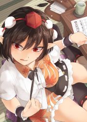 Rule 34 | 1girl, bag, bird wings, black neckwear, black ribbon, black skirt, black socks, blush, breasts, brown hair, buttons, collared shirt, commentary request, cup, cushion, feathered wings, feathers, fingernails, frilled skirt, frills, from above, furrowed brow, hat, highres, kagami toufu, large breasts, leaf print, leaf print, looking to the side, open mouth, paper, pointy ears, pom pom (clothes), red eyes, ribbon, ribbon-trimmed legwear, ribbon-trimmed skirt, ribbon trim, shameimaru aya, shirt, short hair, short sleeves, sitting, skirt, socks, solo, table, tatami, teacup, tokin hat, touhou, wing collar, wings, wooden table, wrist cuffs