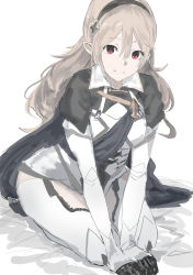 Rule 34 | 1girl, absurdres, bed sheet, black cape, black hairband, blonde hair, cape, closed mouth, corrin (female) (fire emblem), corrin (fire emblem), fire emblem, fire emblem fates, hair between eyes, hairband, highres, looking at viewer, misaki nonaka, nintendo, pointy ears, red eyes, simple background, sitting, smile, solo, thighhighs, toeless legwear, v arms, wariza, white background, white thighhighs