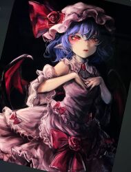 Rule 34 | 1girl, adapted costume, bat wings, blue hair, bow, breasts, brooch, closed mouth, collared shirt, cowboy shot, dark background, fingernails, flower, frilled shirt, frilled shirt collar, frilled skirt, frills, hair between eyes, hands on own chest, hat, hat flower, highres, jewelry, kyogoku-uru, lips, medium hair, mob cap, nail polish, own hands together, photo (medium), pink hat, pink shirt, pink skirt, pointy ears, red bow, red brooch, red eyes, red flower, red nails, red rose, remilia scarlet, rose, sharp fingernails, shirt, simple background, skirt, sleeveless, sleeveless shirt, small breasts, solo, touhou, unfinished, wings