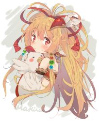 Rule 34 | 1girl, animal, animal ears, animal hug, bandeau, bare shoulders, bird, blonde hair, blush, character name, chicken, closed mouth, commentary request, detached sleeves, eip (pepai), granblue fantasy, grey background, hair between eyes, hair ornament, harvin, holding, holding animal, long hair, long sleeves, looking at viewer, mahira (granblue fantasy), orange hair, red bandeau, red eyes, simple background, solo, two-tone background, upper body, very long hair, white background, white sleeves, wide sleeves