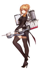 Rule 34 | 1girl, bad id, bad pixiv id, black footwear, black jacket, blonde hair, braid, catsmoon, clipboard, copyright request, epaulettes, formal, french braid, from side, full body, high heels, highres, jacket, long sleeves, looking at viewer, machinery, miniskirt, pencil skirt, red eyes, shoes, short ponytail, simple background, skirt, skirt suit, smile, solo, standing, standing on one leg, suit, thighhighs, white background, zettai ryouiki