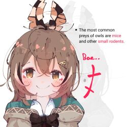 Rule 34 | +++, 1girl, ahoge, blush stickers, brown capelet, brown eyes, brown hair, capelet, closed mouth, commentary, crossed bangs, english commentary, english text, feather hair ornament, feathers, hair between eyes, hair ornament, hairclip, highres, hololive, hololive english, koyoinacho, looking at viewer, multicolored hair, nanashi mumei, nanashi mumei (1st costume), portrait, sidelocks, simple background, smile, solo, streaked hair, virtual youtuber, white background, zoom layer