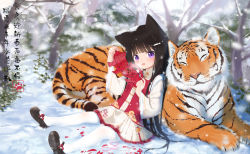Rule 34 | 1girl, :d, animal, animal ears, arm up, bare tree, black footwear, black hair, blunt bangs, blush, breath, chinese zodiac, closed eyes, commentary request, fang, fufumi, hair ornament, hairclip, highres, holding, long hair, long sleeves, looking at viewer, on ground, open mouth, original, pantyhose, pleated skirt, purple eyes, red vest, shirt, shoes, sitting, skirt, smile, snow, solo, tiger, translation request, tree, very long hair, vest, white pantyhose, white shirt, white skirt, wide sleeves, year of the tiger