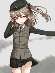 Rule 34 | 10s, 1girl, absurdres, beret, black necktie, black skirt, breasts, brown eyes, brown hair, collared shirt, cowboy shot, emblem, girls und panzer, half updo, hand in own hair, hat, highres, long hair, long sleeves, military, military uniform, necktie, outstretched arm, parted lips, pleated skirt, ribbon, selection university military uniform, shimada arisu, shirt, skirt, small breasts, solo, twintails, two side up, uniform, vest, yakob labo