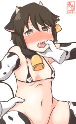 Rule 34 | 1girl, alternate costume, animal ears, animal print, artist logo, bell, bikini, black hair, blush, bottomless, brown eyes, commentary request, covered erect nipples, cow ears, cow horns, cow print, cow tail, cowbell, dated, disembodied hand, ear tag, fake animal ears, fake horns, flat chest, front-tie top, horns, kanon (kurogane knights), kantai collection, micro bikini, miyuki (kancolle), mouth pull, nose blush, one-hour drawing challenge, out-of-frame censoring, short hair, simple background, swimsuit, tail, thighhighs, white background, white bikini, white thighhighs